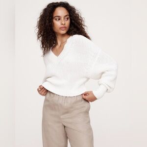 NWT! Banana Republic Iced Vanilla Ivory Oversized Cropped V-Neck Cotton Sweater